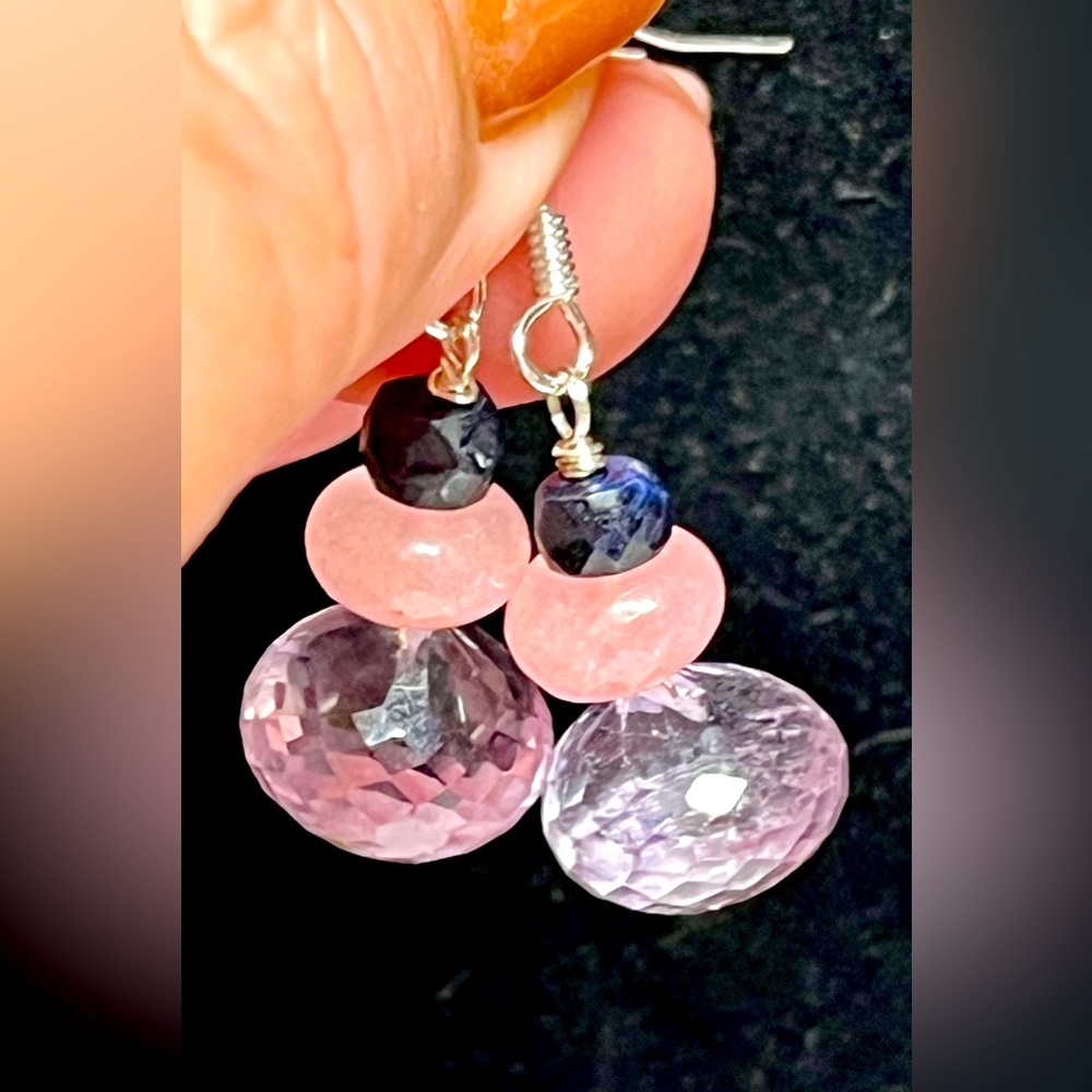 Genuine natural amethyst and rose quartz with sapphire earrings-Feb birthday